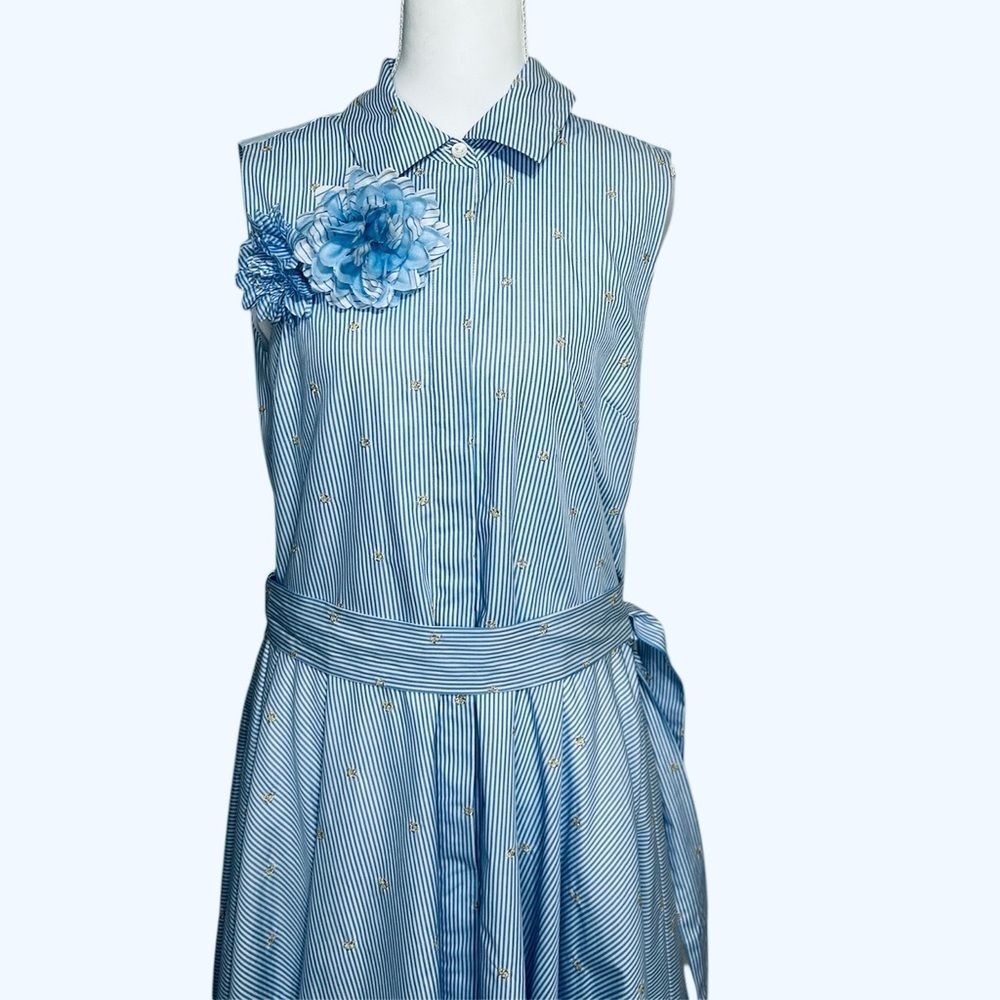 BADGLEY MISCHKA NEW SKY BLUE STRIPE FLORAL GOLD EMBROID MIDI DRESS 10 - Picture 3 of 13